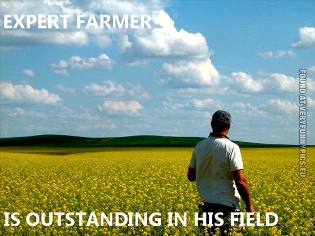 Funny Picture - Expert farmer is outstanding in his field