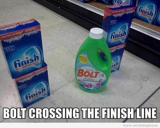 Funny Picture - Bolt crossing the finnish line