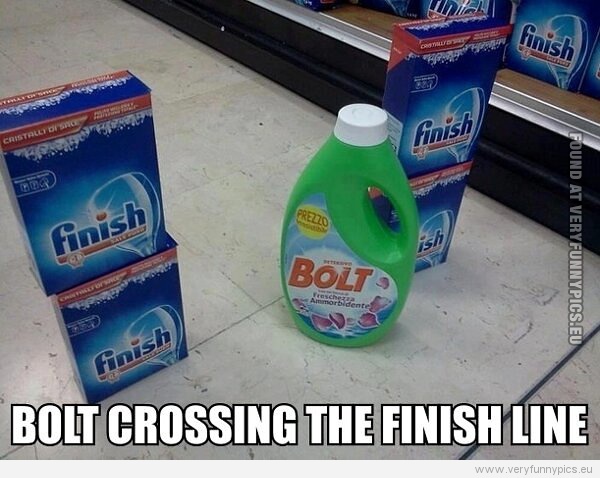 Funny Picture - Bolt crossing the finnish line