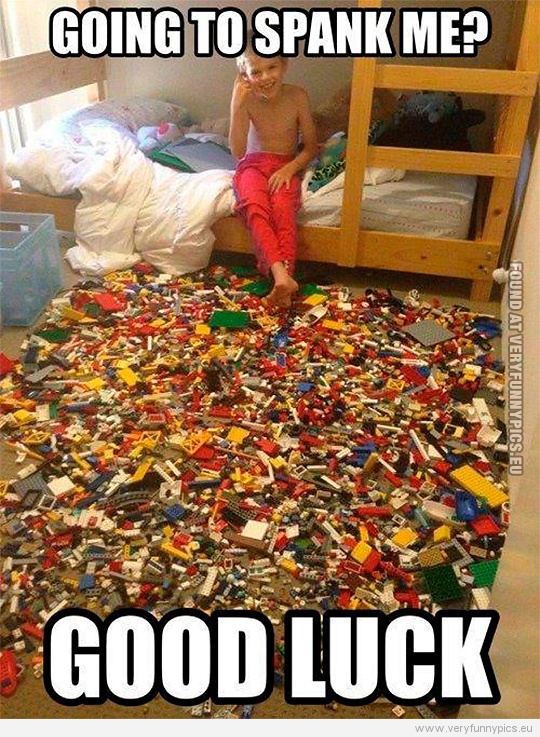 Funny Picture - Going to spank me? Good luck! Kid with floor covered with lego