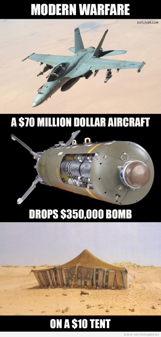 Funny Picture - Modern warfare - A 70 million dollar aircraft drops 350.000 dollar bomb on 10 dollar tent