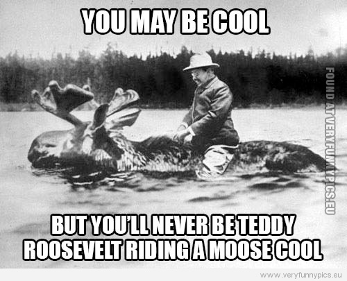 Funny Picture - You may bee cool - But you'll never be Teddy Rosevelt riding a moose cool