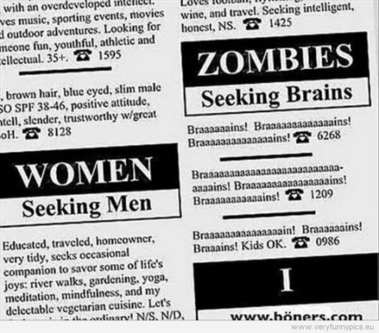 Funny Picture - Ad in the paper - Zombies seeking brains
