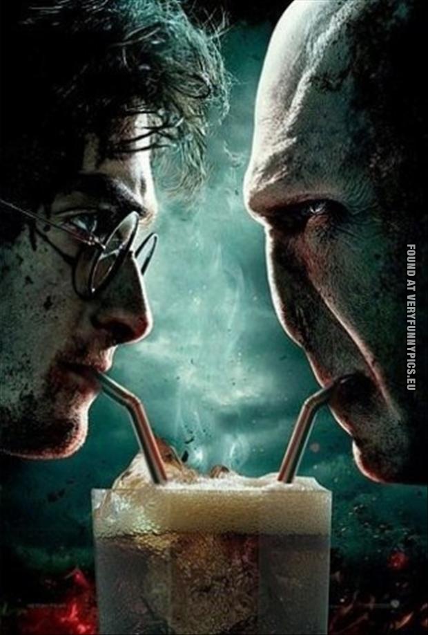 Funny Picture - Harry Potter and Lord Voldemort shares a drink with straws