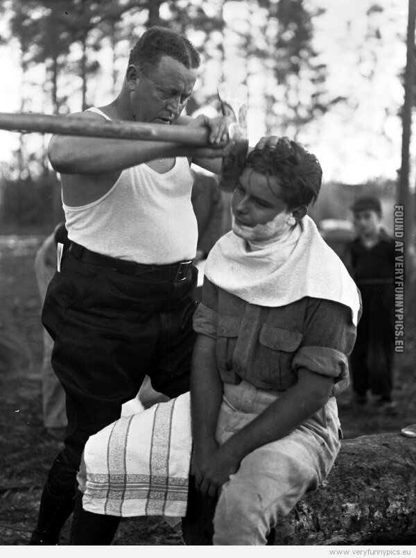 Funny Picture - Shaving with an axe - Shaving like a man