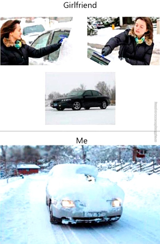 Removing snow from the car.