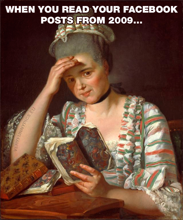 Embarrased woman reading book - When you read your Facebook posts from 2009