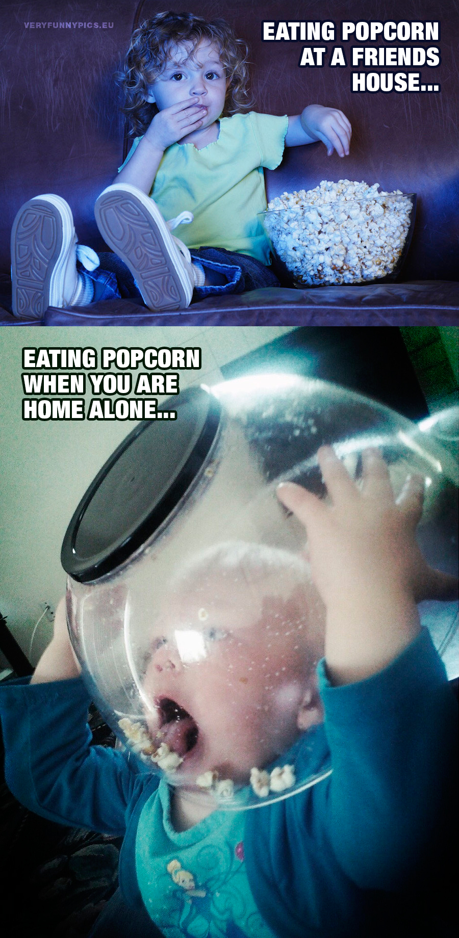 Kids eating popcorn - Eating popcorn at a friends house VS Eating popcorn when you are home alone
