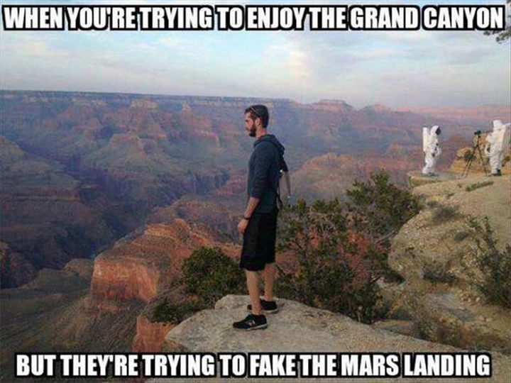 Guy looking at Grand Canyon - Faking Mars landing in background