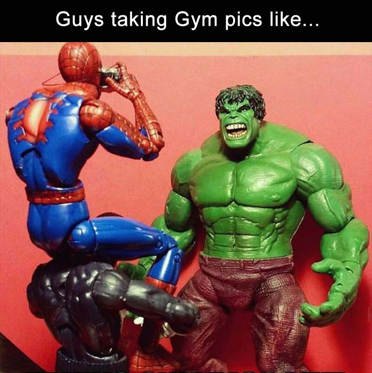 Spiderman taking photo of The Hulk - Men taking gym pics
