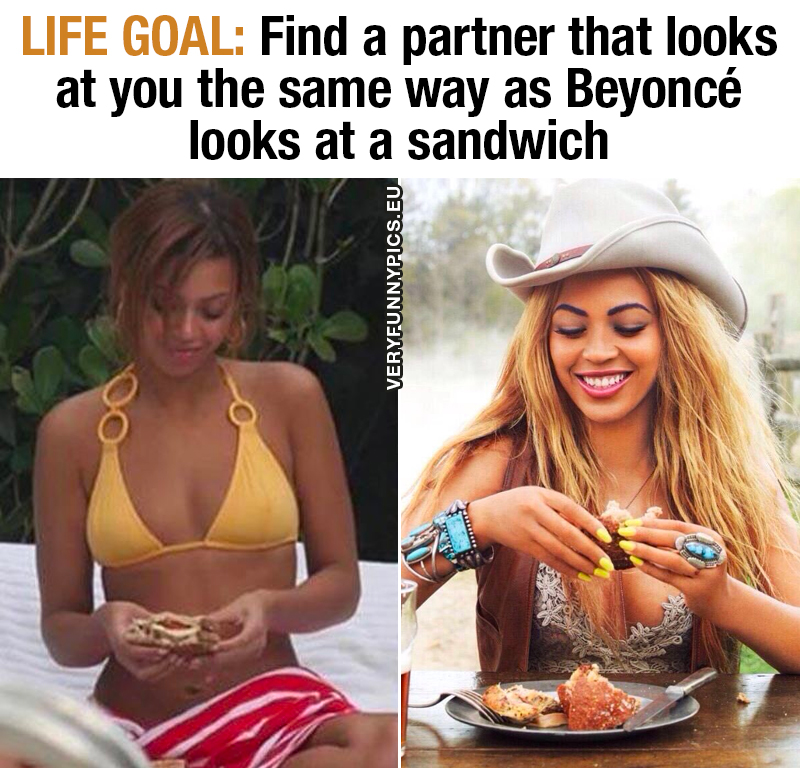 Beyoncé looking at sandwich