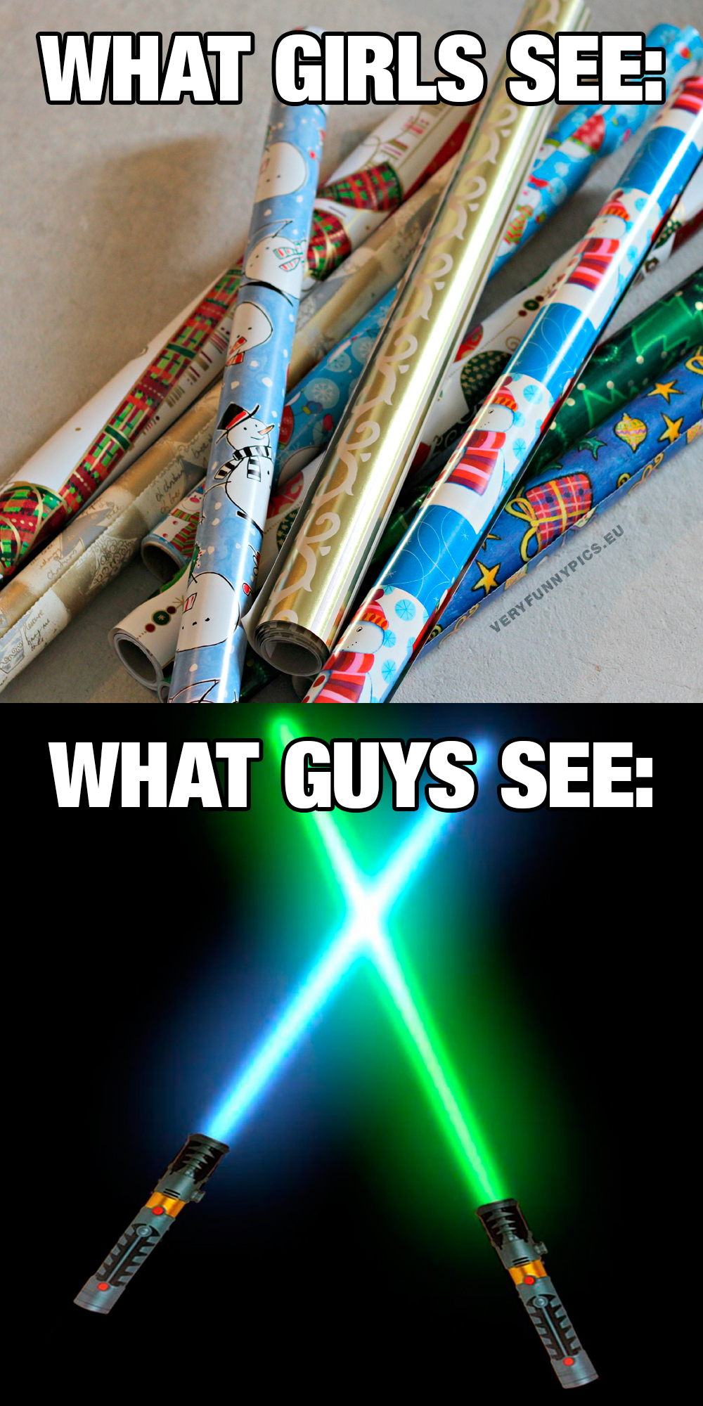 Gift wrapping paper rolls and Light sabers